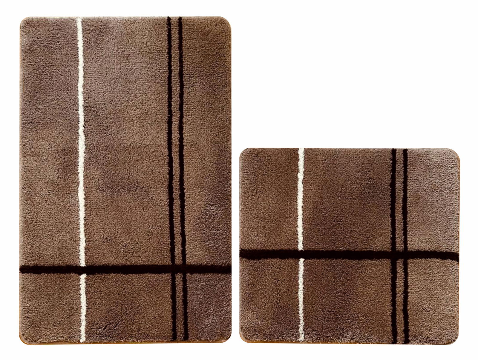 Zweiteiliges Badematten-Set Oxford in Braun mit weißen und schwarzen Streifen, Draufsicht.