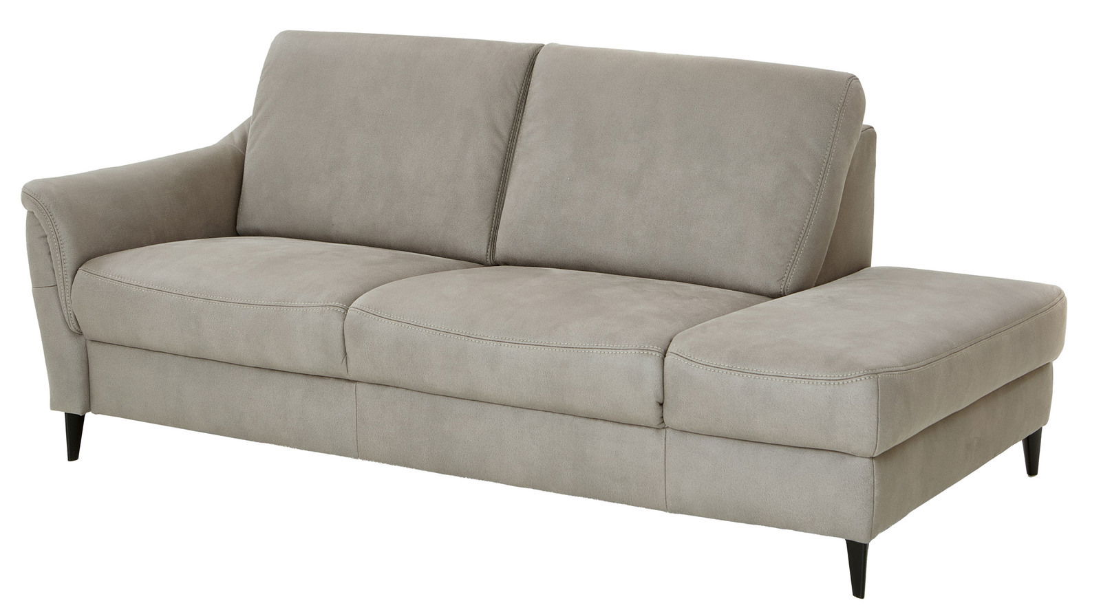 Graue Recamiere mit Armlehne links, dreisitzig, mit schwarzem Fuß, seitliche Perspektive