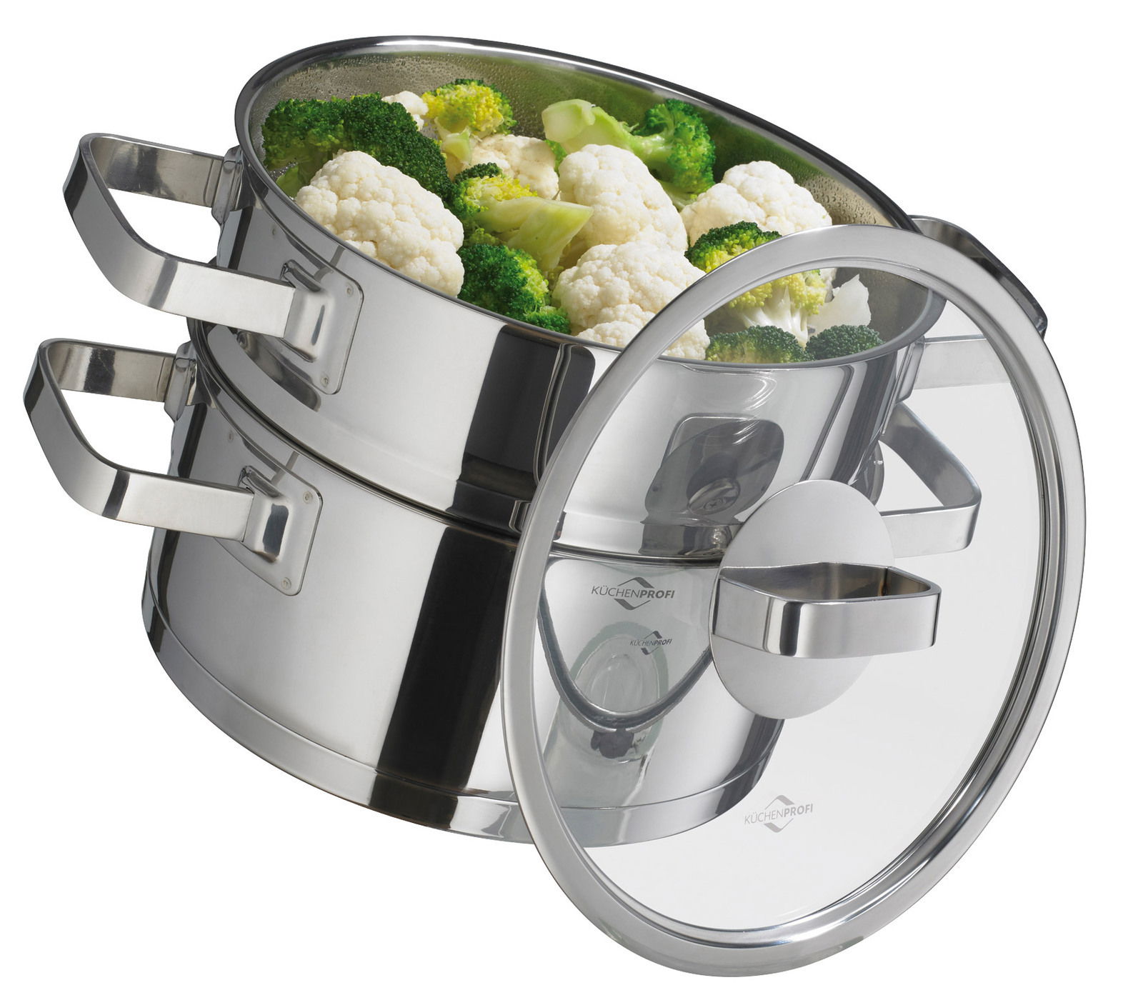 Kochtopf mit Dämpfeinsatz aus Edelstahl, gefüllt mit Brokkoli und Blumenkohl, seitliche Perspektive