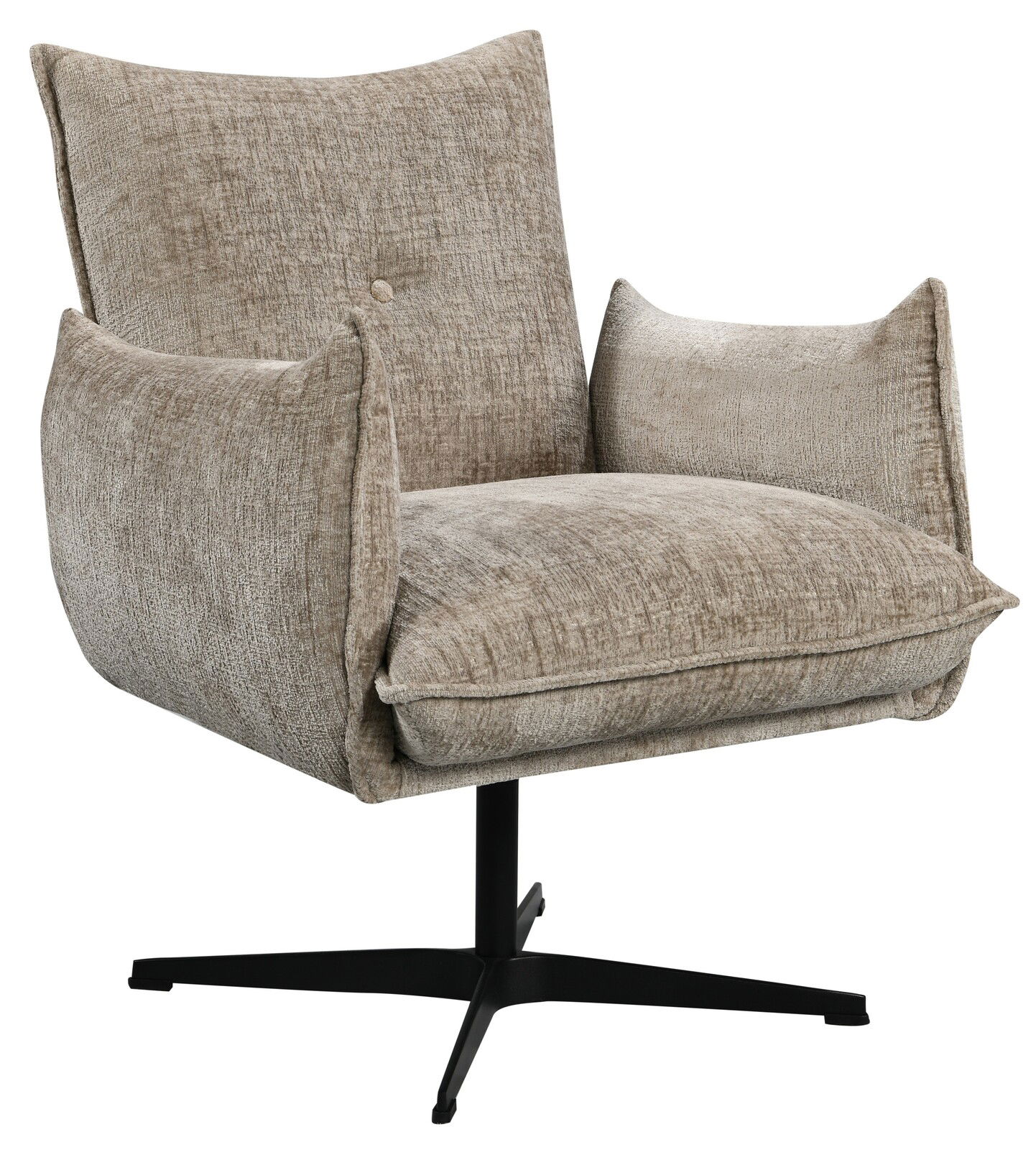 Beiger Relaxsessel mit weichem Stoffbezug und schwarzem Drehfuß, seitliche Perspektive