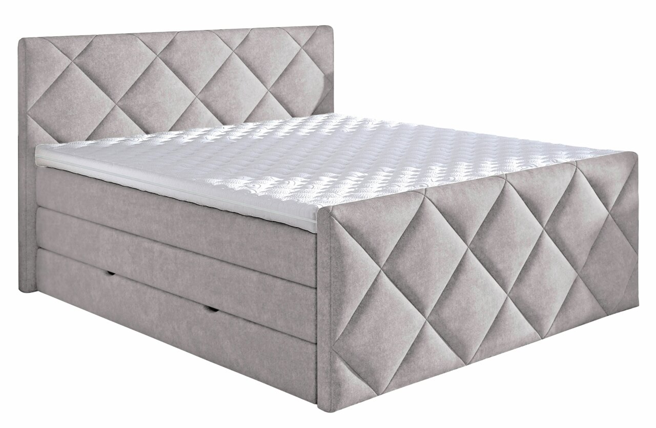 Boxspringbett in grauem Stoff mit gestepptem Kopf- und Fußteil, seitliche Perspektive