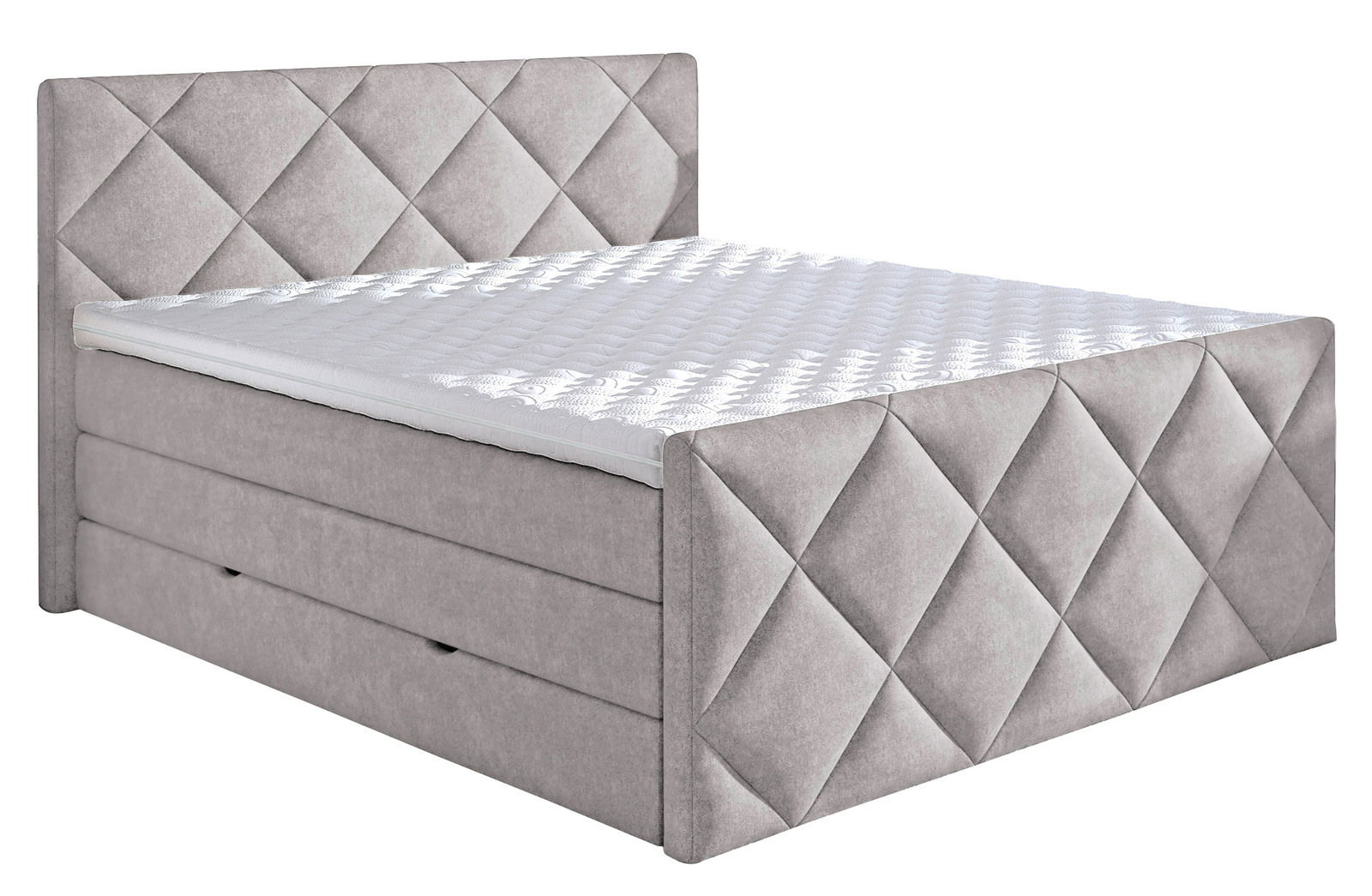 Boxspringbett in grauem Stoff mit gestepptem Kopf- und Fußteil, seitliche Perspektive