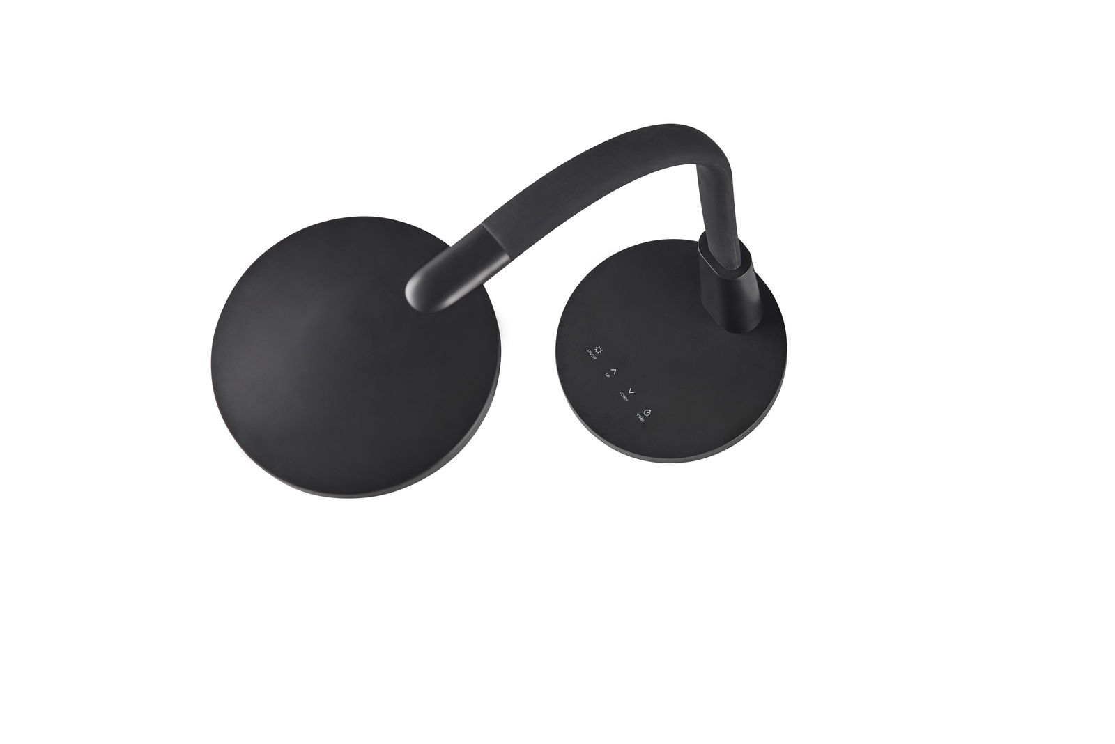 Moderne schwarze Tischleuchte Sally aus der Vogelperspektive mit rundem Lampenschirm und flexiblem Arm.