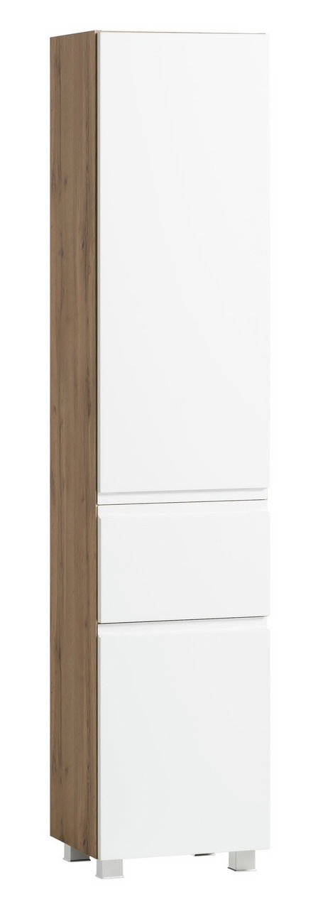 Moderner Hochschrank mit weißer Front und Holzseiten, seitliche Perspektive