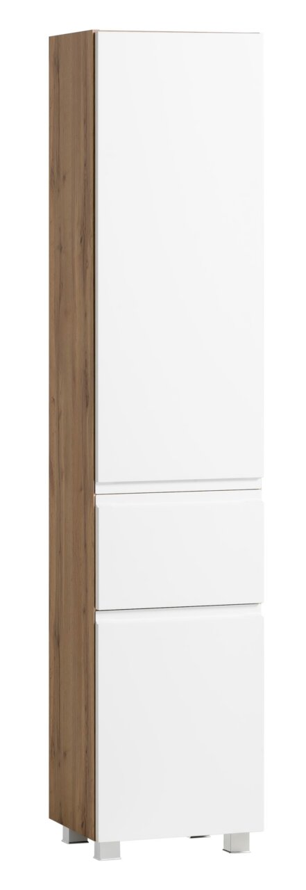 Moderner Hochschrank mit weißer Front und Holzseiten, seitliche Perspektive