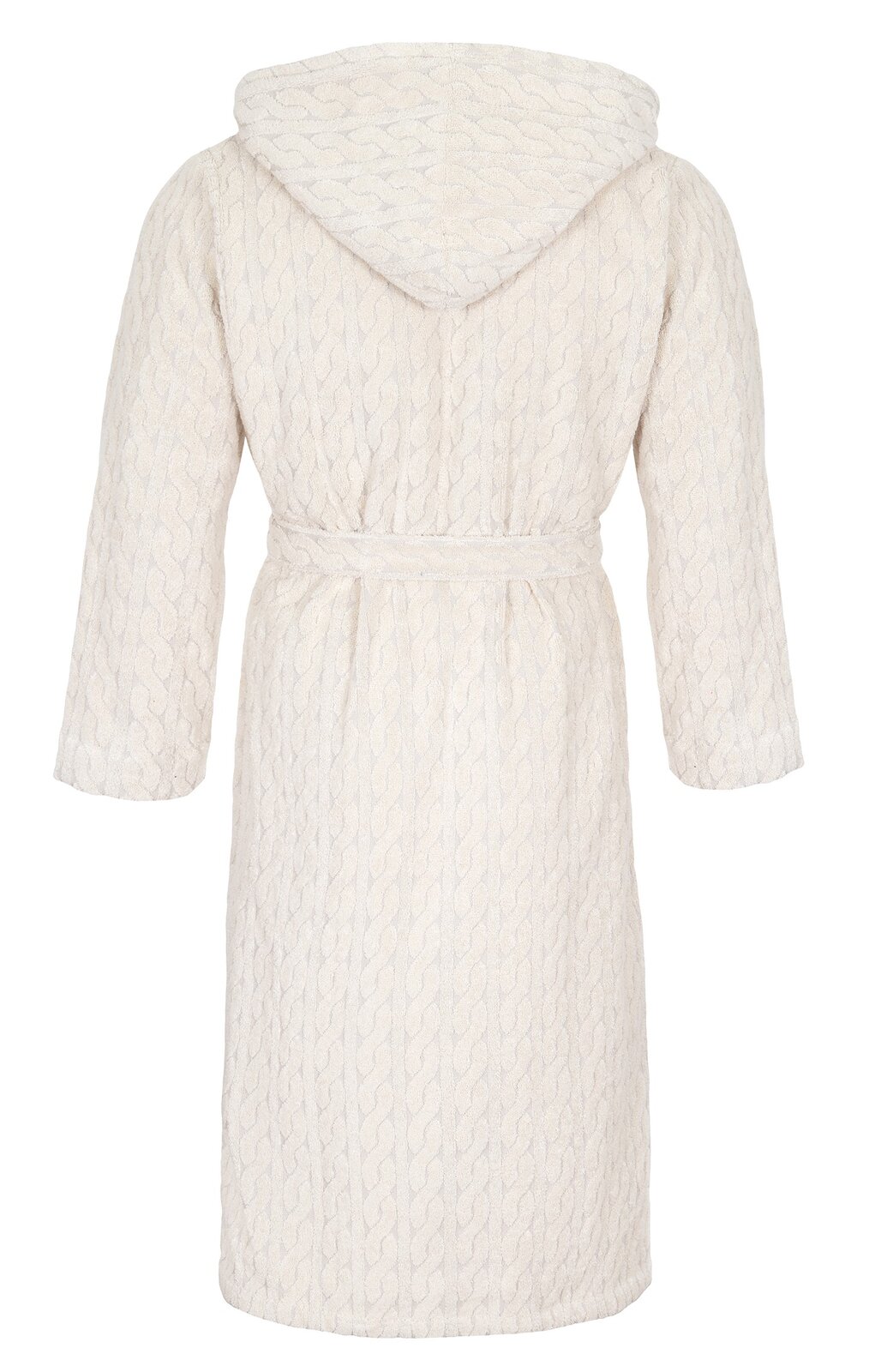 Rückansicht eines cremefarbenen Kapuzenmantels mit Zopfmuster und Gürtel.
