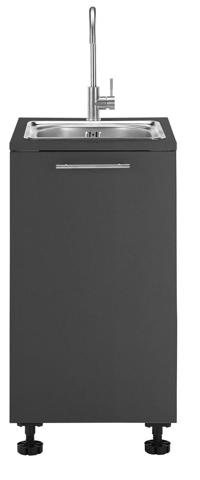 Moderner Spülenunterschrank XORA PRIMUS in dunklem Design mit Edelstahlspüle und Wasserhahn, Frontalansicht.