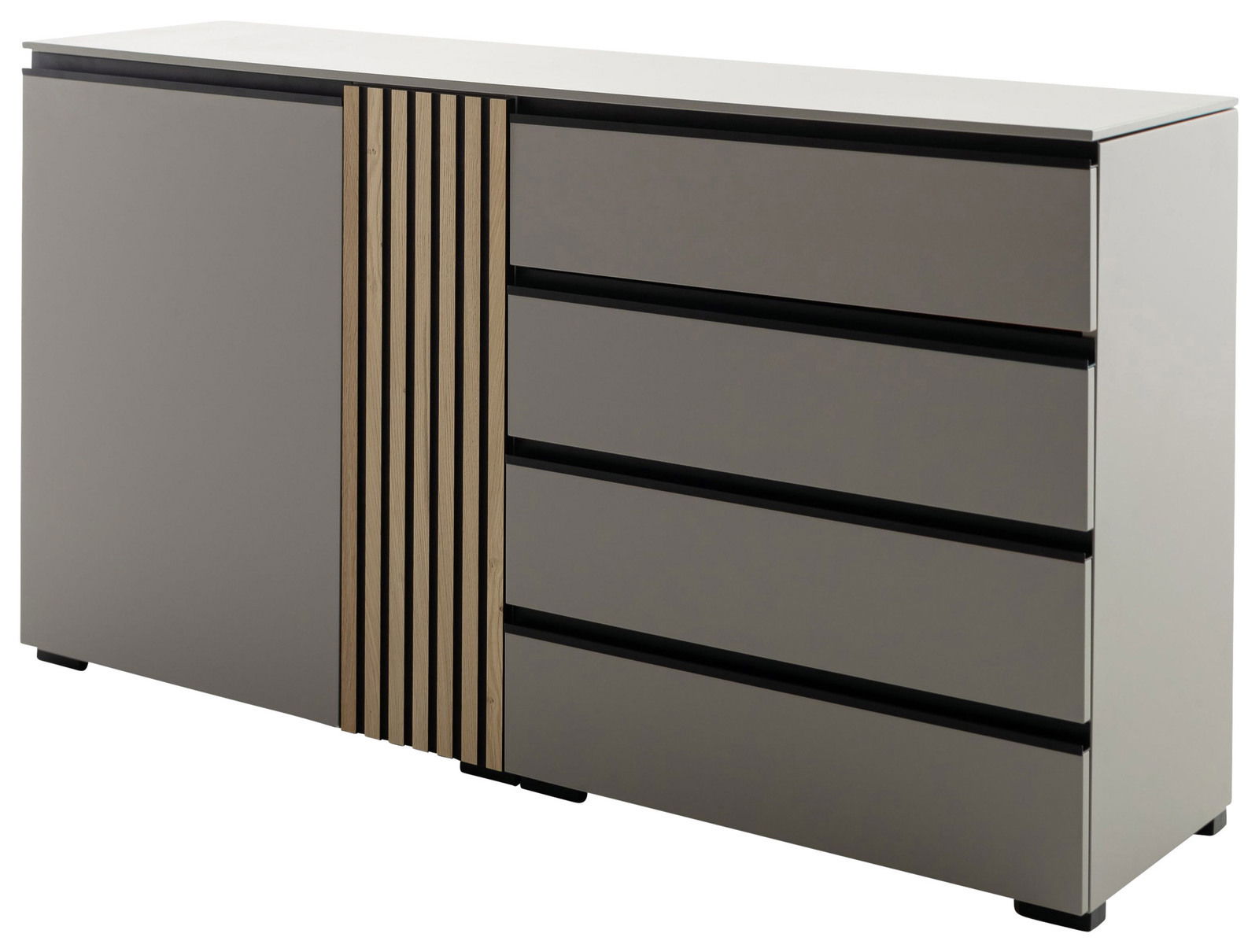 Modernes Sideboard mit grauer Oberfläche und vertikalen Holzstreifen, seitliche Perspektive