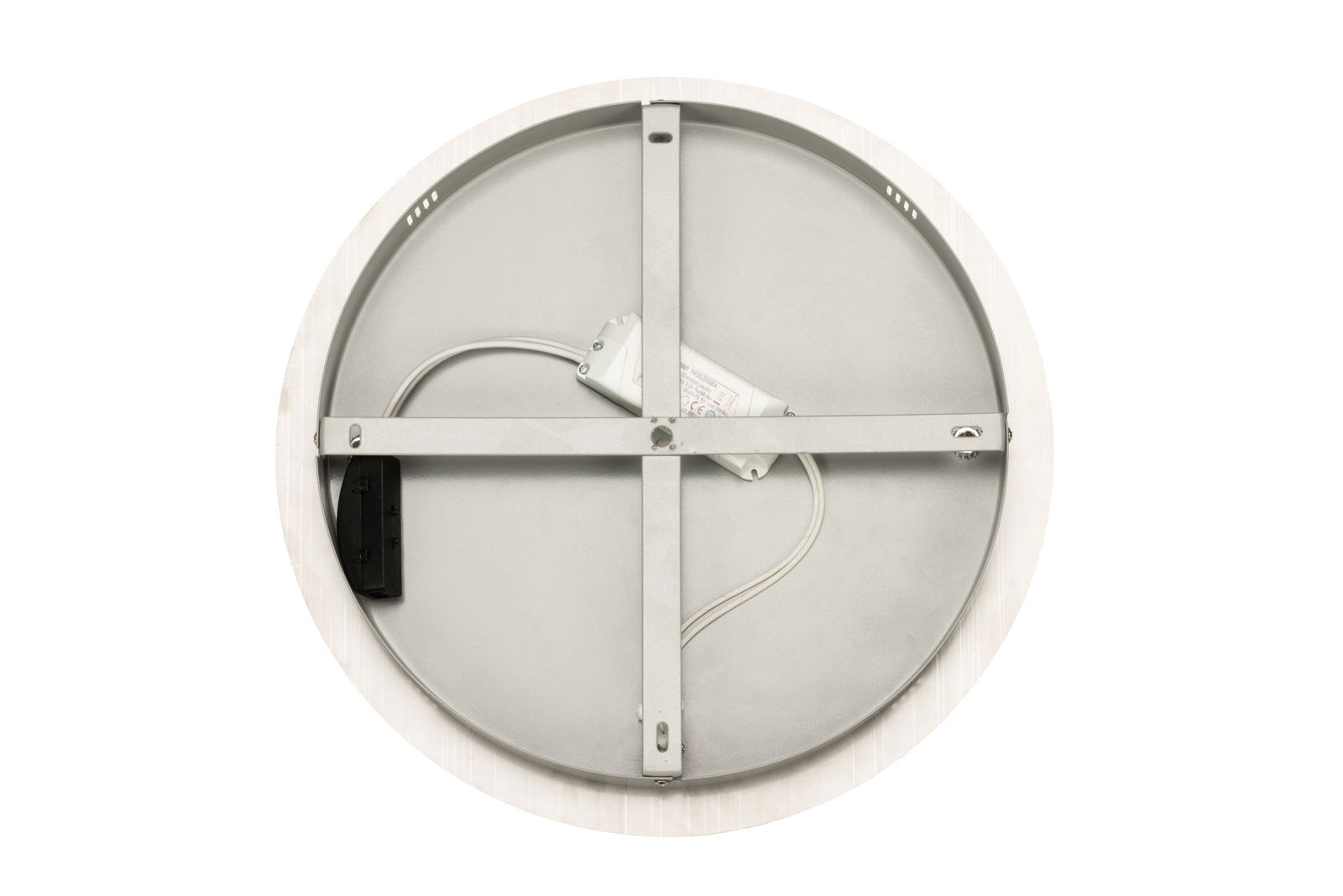 Rückansicht einer runden LED-Deckenleuchte mit sichtbarer Verkabelung und Metallhalterung.