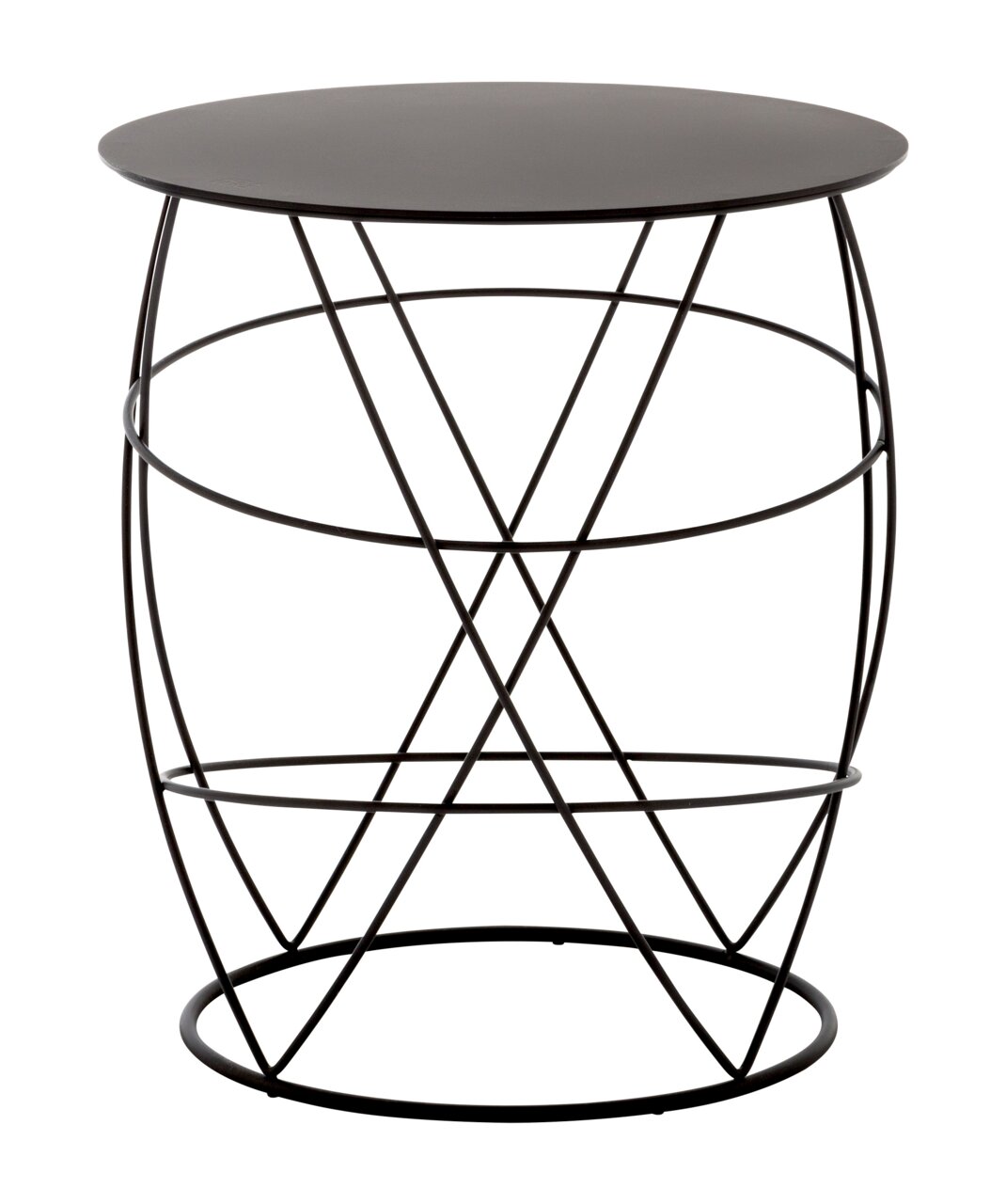 Moderner Beistelltisch mit rundem, schwarzem Metallgestell und glatter Tischplatte, seitliche Perspektive