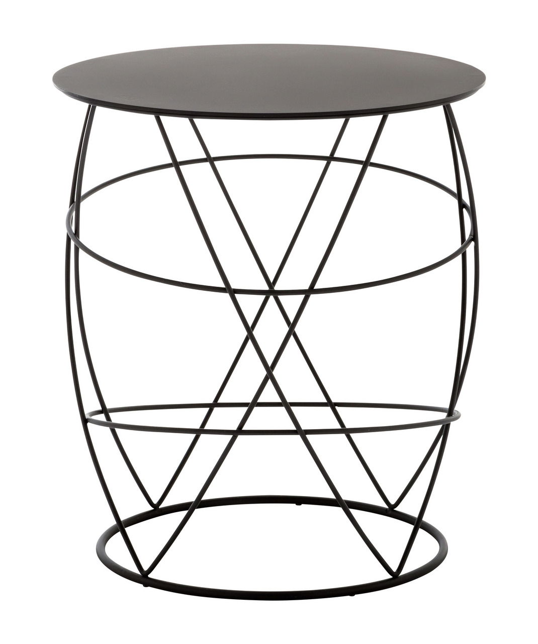 Moderner Beistelltisch mit rundem, schwarzem Metallgestell und glatter Tischplatte, seitliche Perspektive