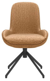 Moderner brauner Stuhl mit gepolsterter Sitzfläche und schwarzem Metallgestell, Frontalansicht