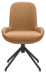 Moderner brauner Stuhl mit gepolsterter Sitzfläche und schwarzem Metallgestell, Frontalansicht