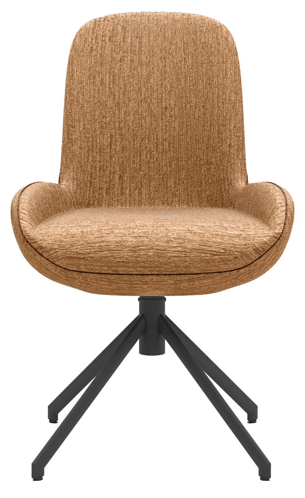 Moderner brauner Stuhl mit gepolsterter Sitzfläche und schwarzem Metallgestell, Frontalansicht