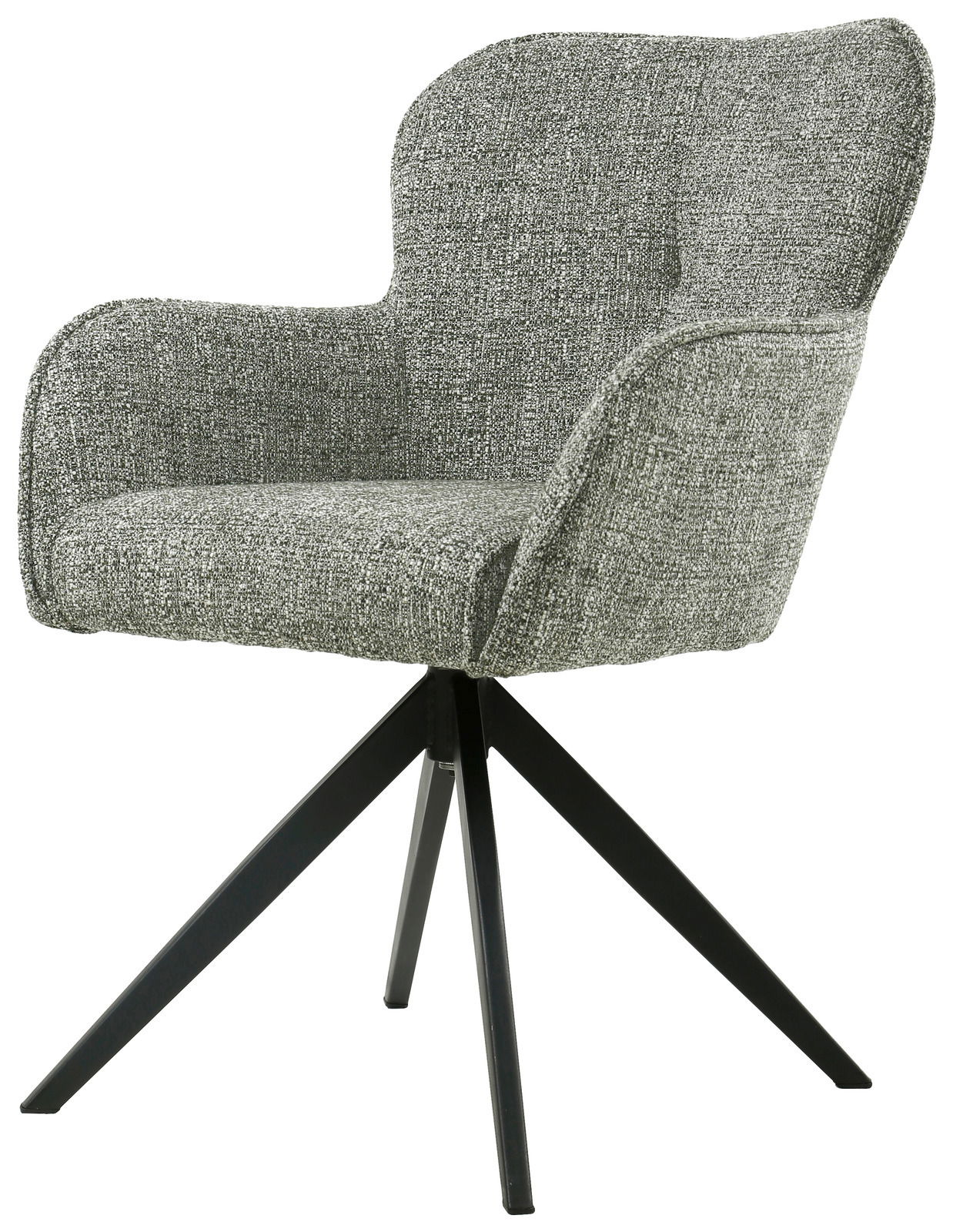 Grauer Armlehnstuhl mit Stoffbezug und schwarzem Metallgestell, seitliche Perspektive