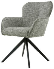 Grauer Armlehnstuhl mit Stoffbezug und schwarzem Metallgestell, seitliche Perspektive