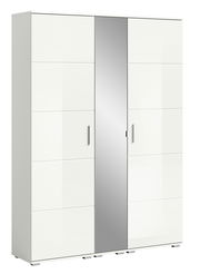 Weiße Garderobenkombination mit drei Türen, davon eine mit Spiegel, aus frontaler Perspektive.