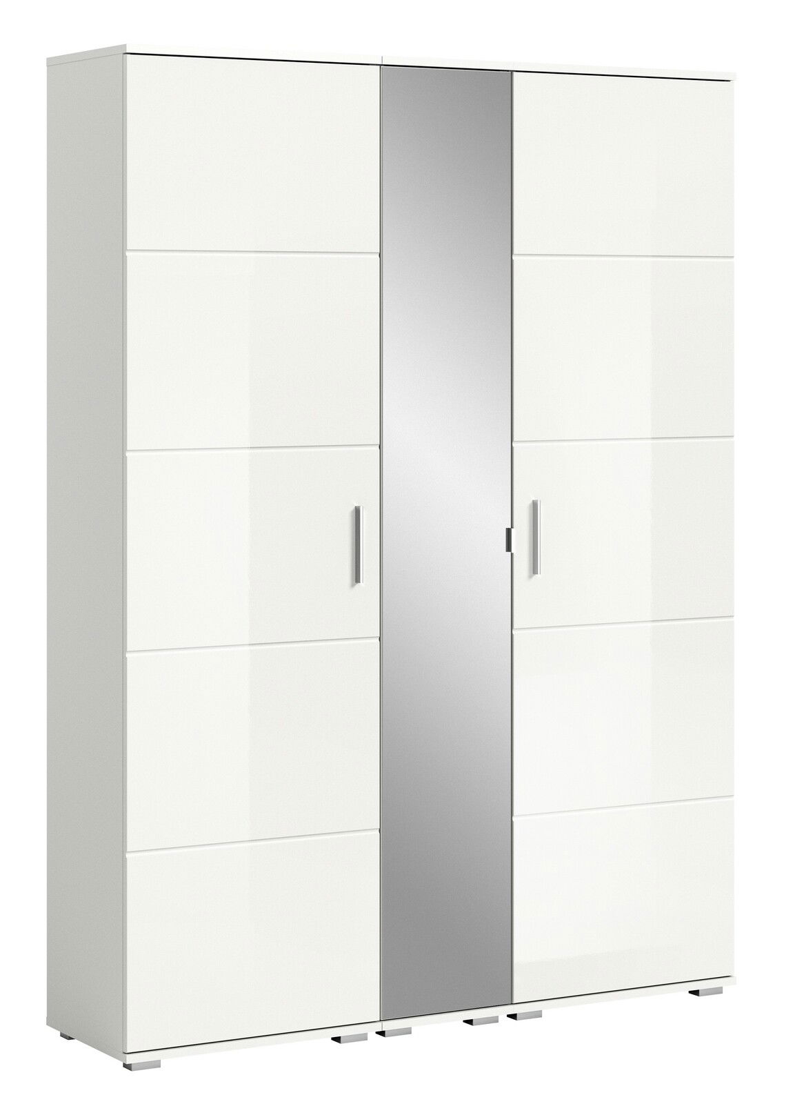 Weiße Garderobenkombination mit drei Türen, davon eine mit Spiegel, aus frontaler Perspektive.