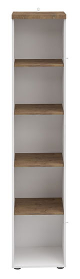 Frontale Ansicht eines weißen Aktenregals mit fünf braunen Regalböden.