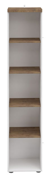 Frontale Ansicht eines weißen Aktenregals mit fünf braunen Regalböden.