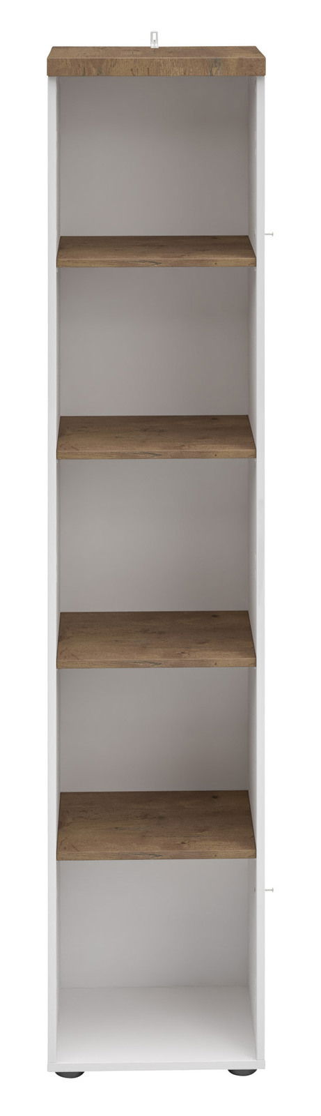 Frontale Ansicht eines weißen Aktenregals mit fünf braunen Regalböden.