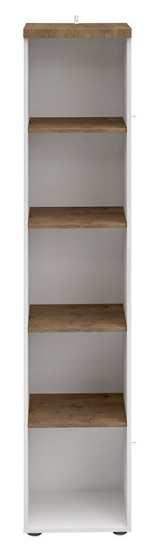 Frontale Ansicht eines weißen Aktenregals mit fünf braunen Regalböden.