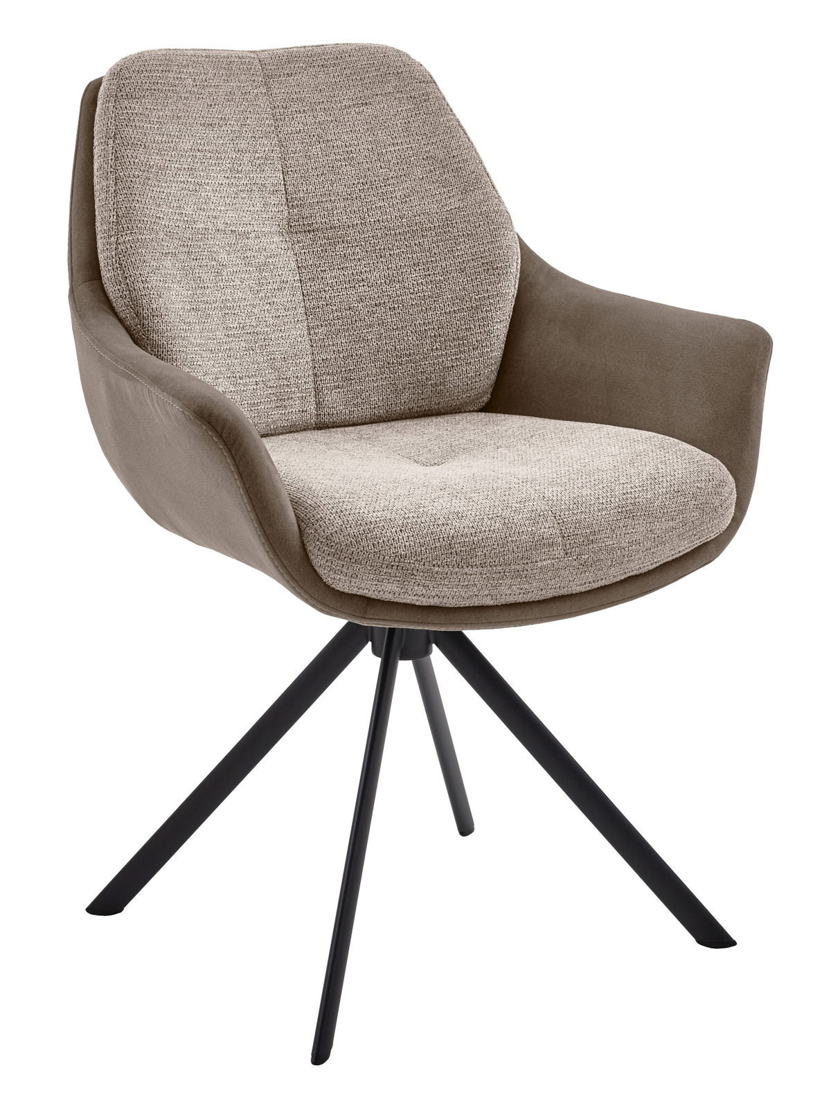 Valnatura Armlehnstuhl MANADO Moderner Armlehnstuhl mit beigem Stoffbezug und braunen Seiten, auf schwarzem Metallgestell, seitliche Perspektive