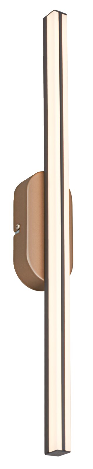 Slanke, verticale led-wandlamp in een warme brons-/goudtint met een lange lichtbalk en een afgeronde wandbevestiging, zijaanzicht tegen een witte achtergrond