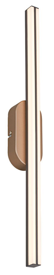 Slanke, verticale led-wandlamp in een warme brons-/goudtint met een lange lichtbalk en een afgeronde wandbevestiging, zijaanzicht tegen een witte achtergrond