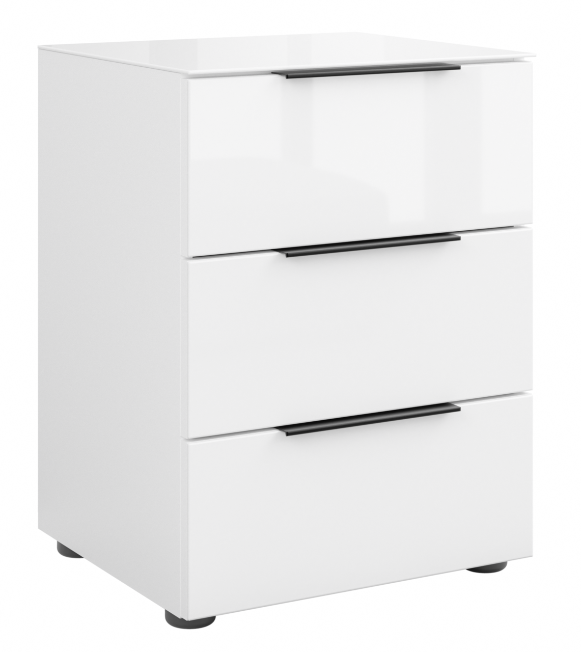 Novel Nachtkommode STYLE Weiße Nachtkommode mit drei Schubladen und schwarzen Griffen, seitliche Perspektive