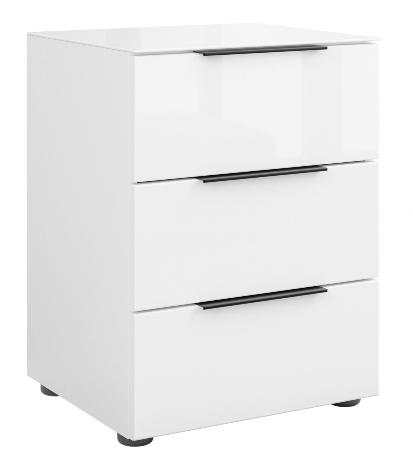 Weiße Nachtkommode mit drei Schubladen und schwarzen Griffen, seitliche Perspektive
