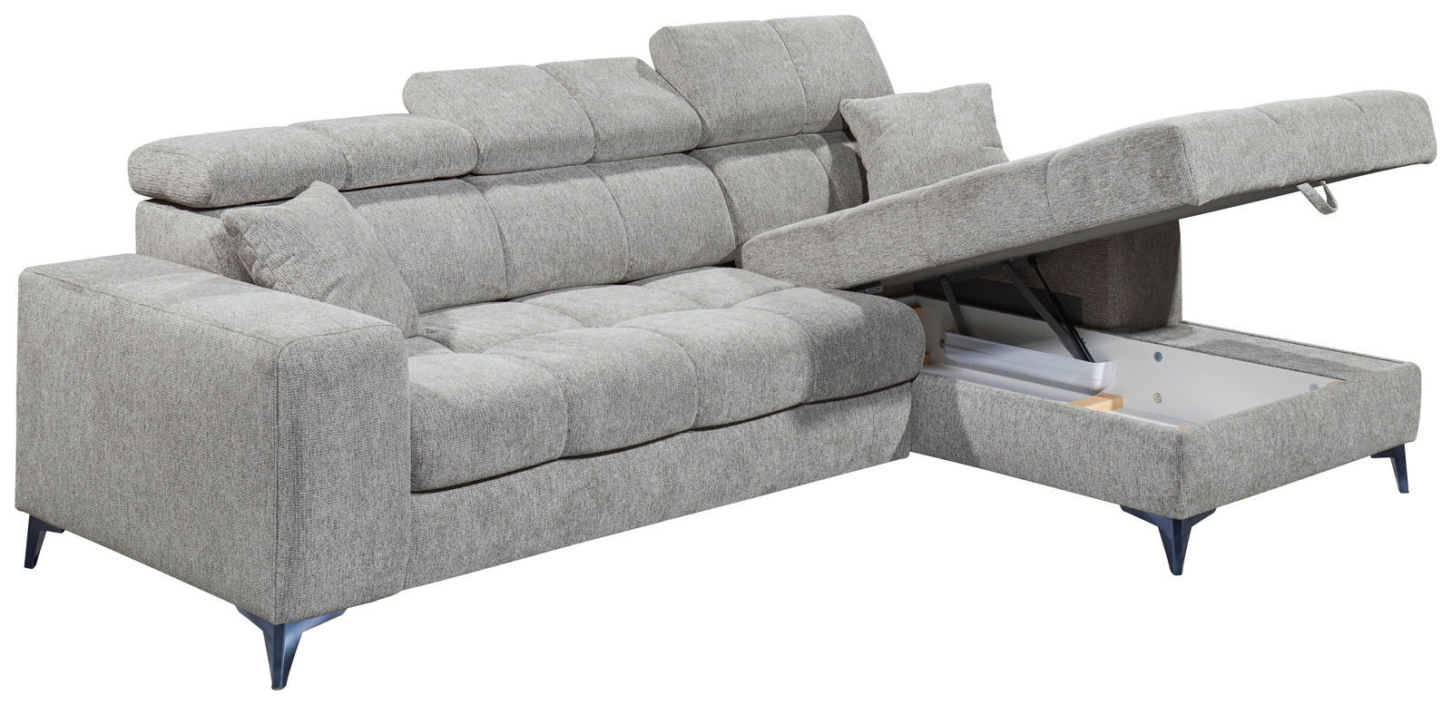 Graues Ecksofa mit verstellbaren Kopfstützen und Stauraum, Perspektive von vorne links