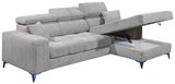 Graues Ecksofa mit verstellbaren Kopfstützen und Stauraum, Perspektive von vorne links