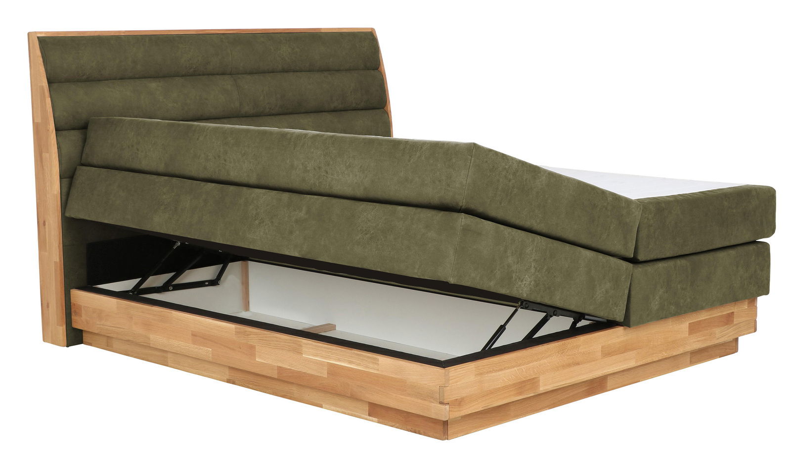 Boxspringbett mit hochgeklappter Matratze und Stauraum, seitliche Perspektive