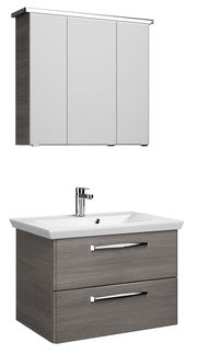 Moderner Badblock mit Spiegelschrank und Waschbeckenunterschrank in Holzoptik, seitliche Perspektive