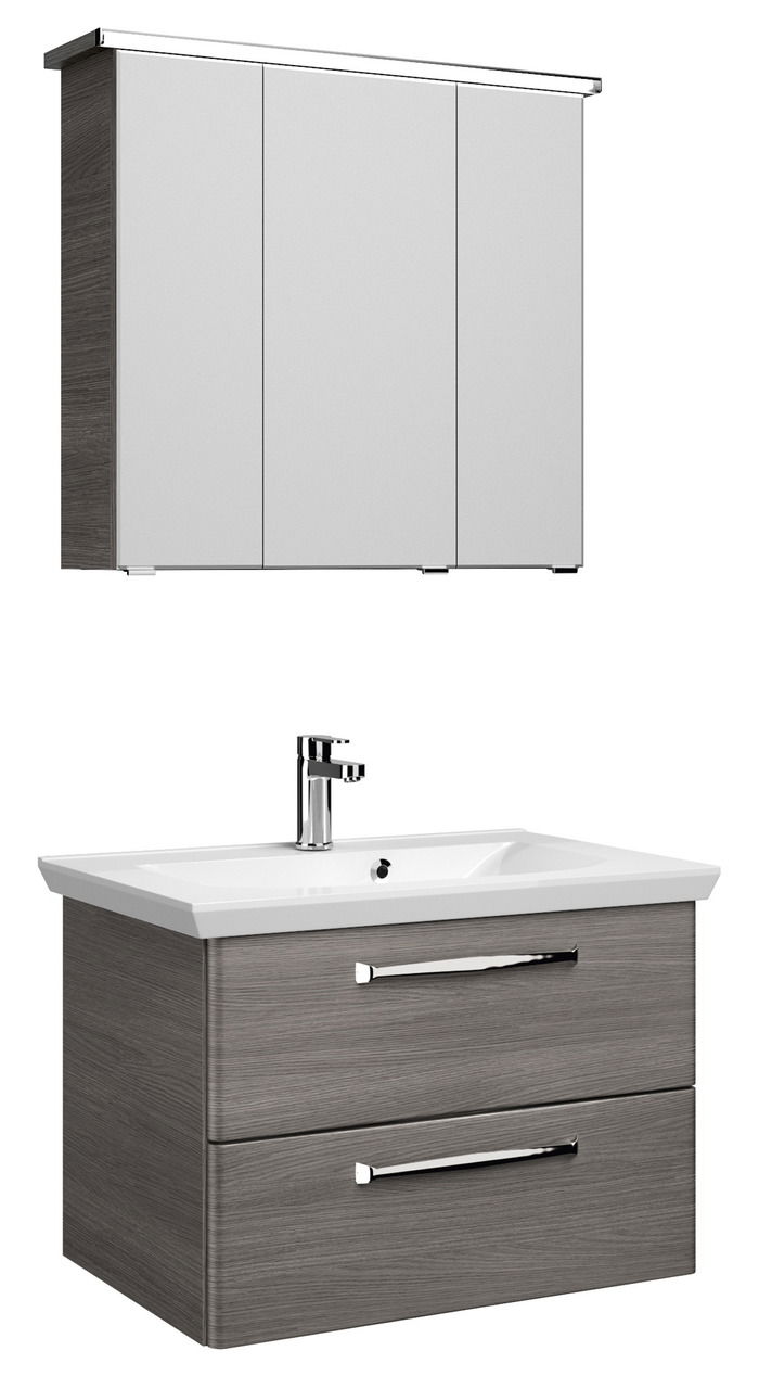 Moderner Badblock mit Spiegelschrank und Waschbeckenunterschrank in Holzoptik, seitliche Perspektive