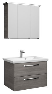 Moderner Badblock mit Spiegelschrank und Waschbeckenunterschrank in Holzoptik, seitliche Perspektive