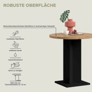 Runder Esstisch mit melaminharzbeschichteter Tischplatte in Holzoptik und schwarzem Mittelfuß, perspektivische Ansicht von schräg oben; Infografik hebt kratzfeste, stoßfeste, wasserabweisende und leicht zu reinigende Oberfläche sowie Höhe ca. 72 cm hervor