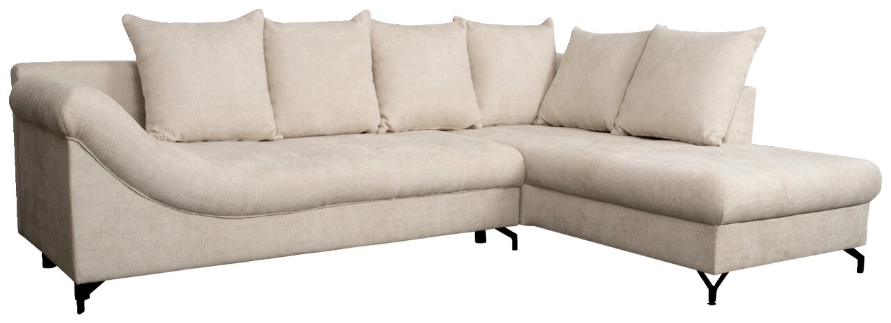 Ecksofa METZ in beigem Stoff, Perspektive von vorne rechts, mit Ottomane auf der rechten Seite und mehreren Rückenkissen.