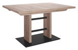 Moderner Esstisch aus Holz mit rechteckiger Tischplatte und stabiler Basis, seitliche Perspektive
