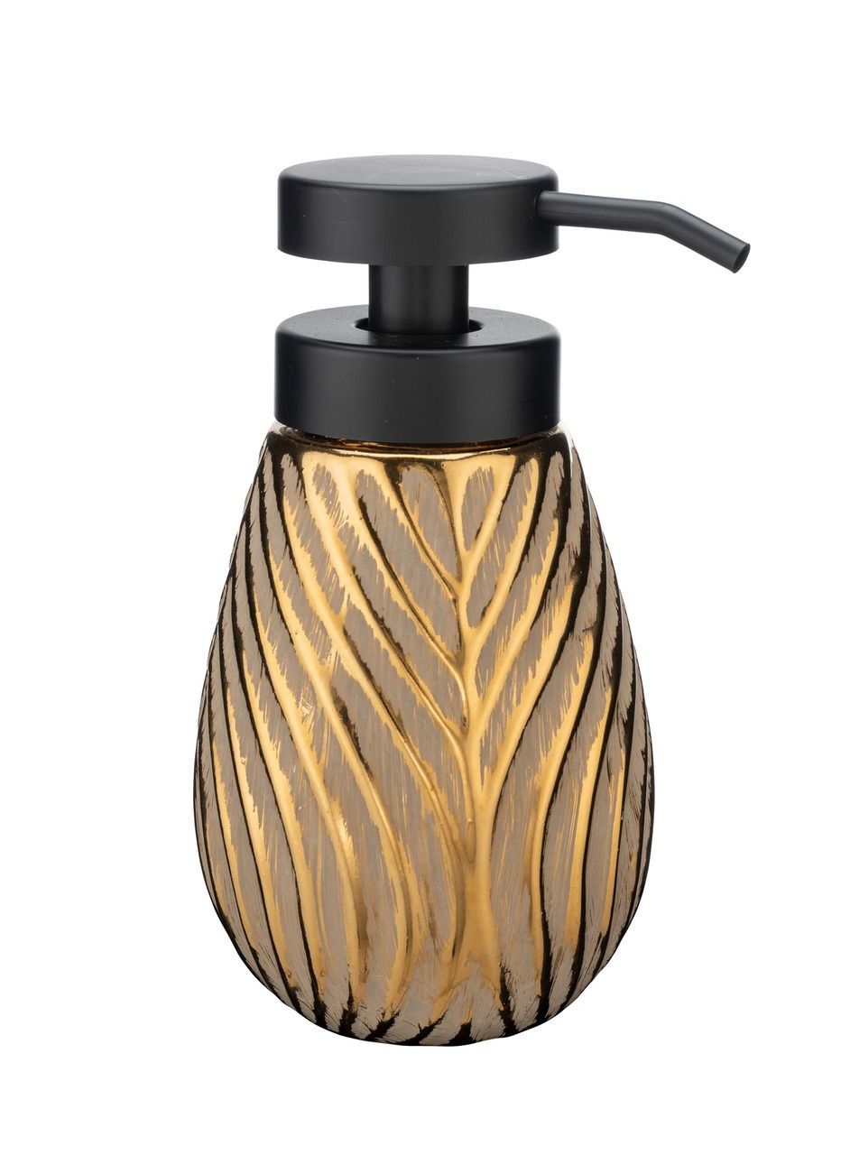 Wenko Seifenspender IDRO Keramik Seifenspender mit goldener Blattstruktur und schwarzem Pumpkopf, Frontalansicht