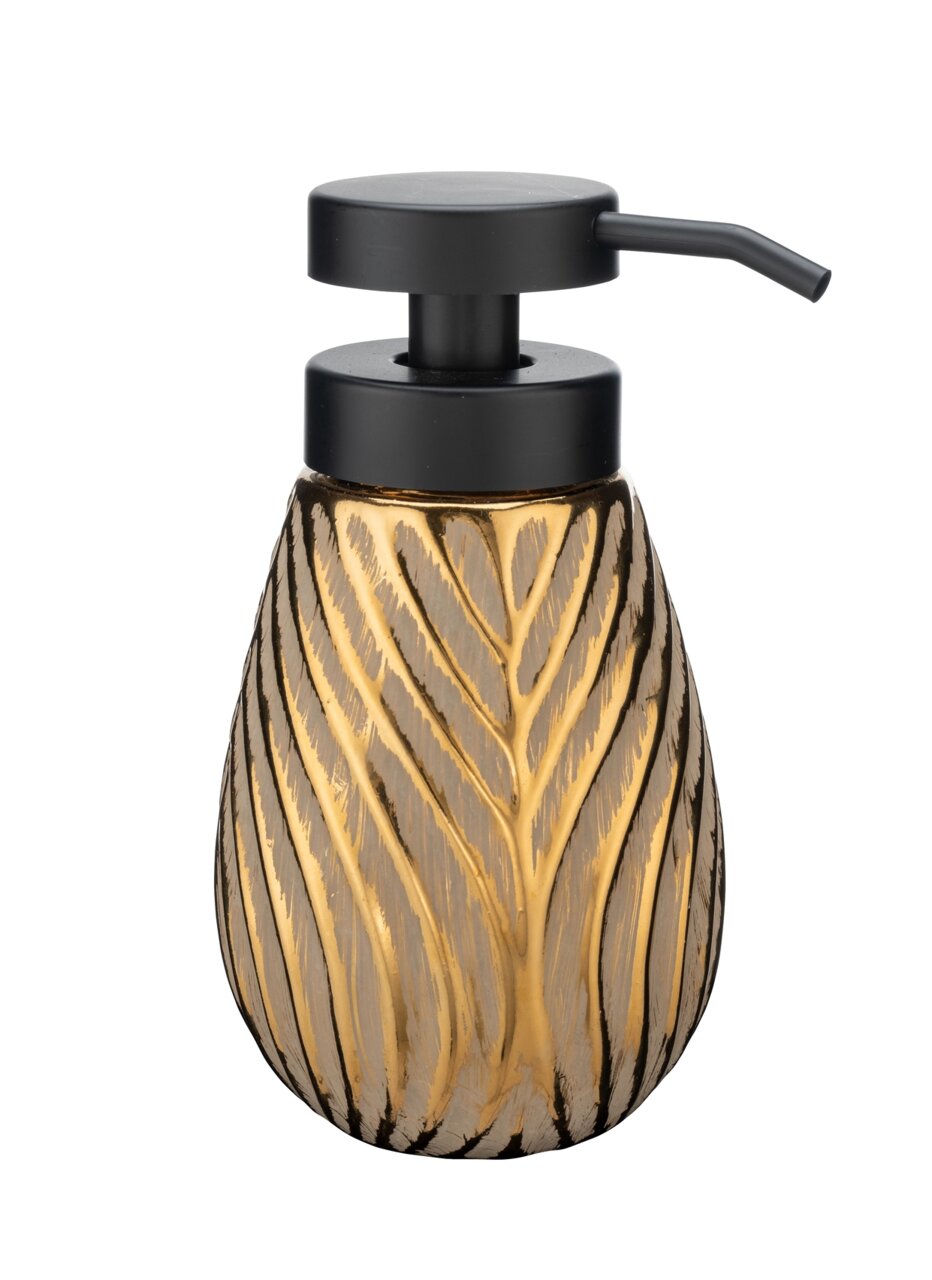 Wenko Seifenspender IDRO Keramik Seifenspender mit goldener Blattstruktur und schwarzem Pumpkopf, Frontalansicht