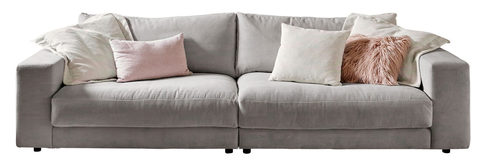 Großes, graues Sofa mit mehreren Kissen in verschiedenen Farben, frontal fotografiert.