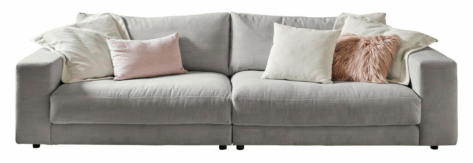 Lounge Handmade Big Sofa LH-SAMBIA Großes, graues Sofa mit mehreren Kissen in verschiedenen Farben, frontal fotografiert.