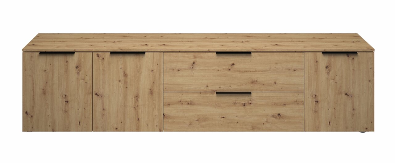 Frontansicht eines XL TV-Lowboards aus Holz mit mehreren Schubladen und Türen, natürliche Holzmaserung.