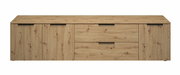 Frontansicht eines XL TV-Lowboards aus Holz mit mehreren Schubladen und Türen, natürliche Holzmaserung.