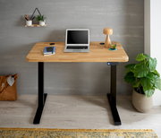 Moderner E-Schreibtisch mit Holzplatte und schwarzen Metallbeinen, frontal fotografiert. Auf dem Tisch stehen ein Laptop, eine Lampe und ein Glas. Eine Pflanze steht rechts daneben.