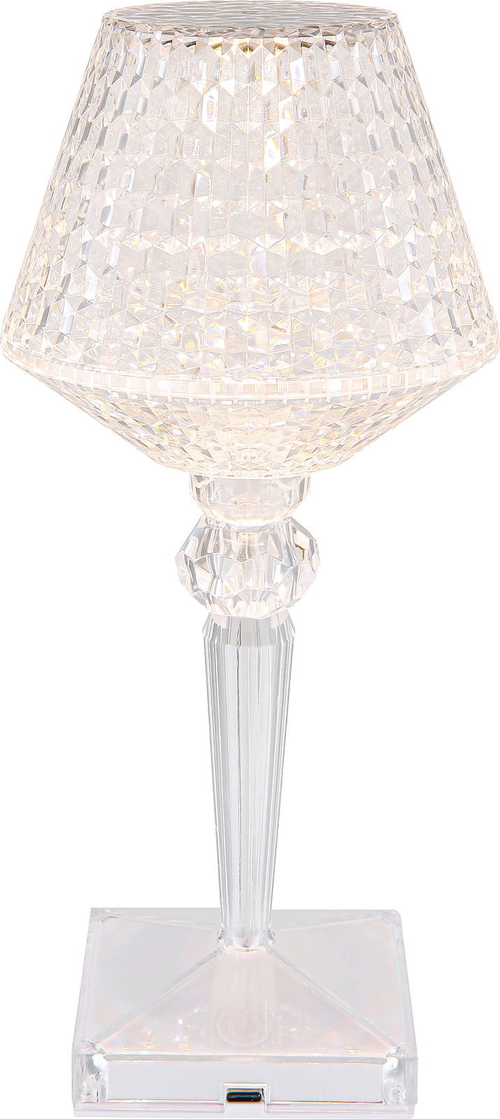 Elegante Akku-Tischleuchte mit facettiertem, transparentem Schirm und Sockel, frontal abgebildet.