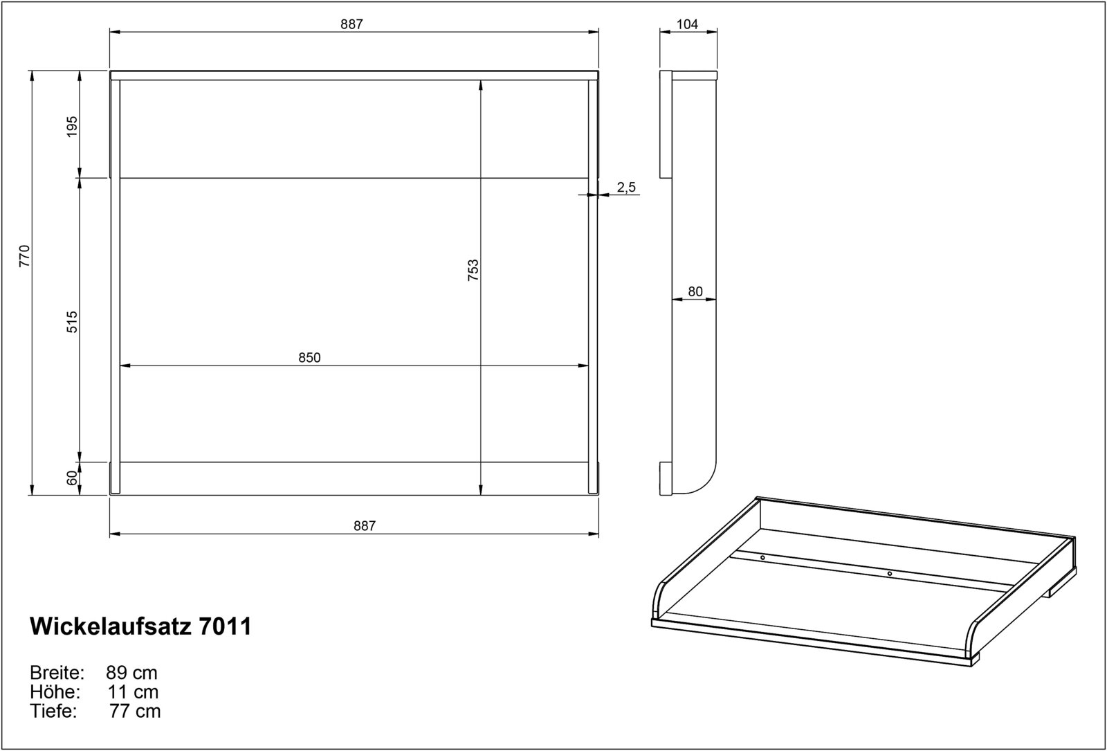 Technische Zeichnung eines Wickelaufsatzes mit den Maßen: Breite 89 cm, Höhe 11 cm, Tiefe 77 cm. Perspektive von vorne, seitlich und in 3D-Ansicht.