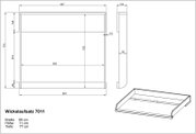 Technische Zeichnung eines Wickelaufsatzes mit den Maßen: Breite 89 cm, Höhe 11 cm, Tiefe 77 cm. Perspektive von vorne, seitlich und in 3D-Ansicht.